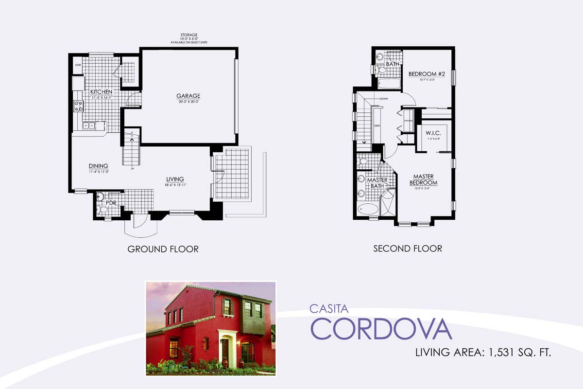 Cordova Floor Plan in Paseo, 2 bedroom, 2.5 bath, living room, dining room and 2-car garage